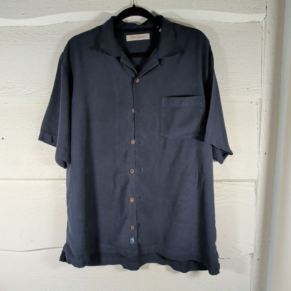 Tommy Bahama Men's Large 100% Silk Camp Shirt Charcoa Grey Textured Short Sleeve